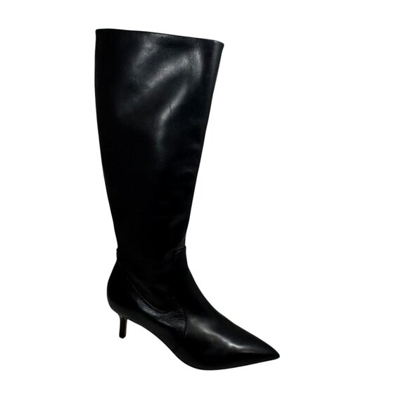 Franco Sarto Knee high Kitten Heel Boots Black Leather Pointy Toe NEW 8.5 - Picture 1 of 7
